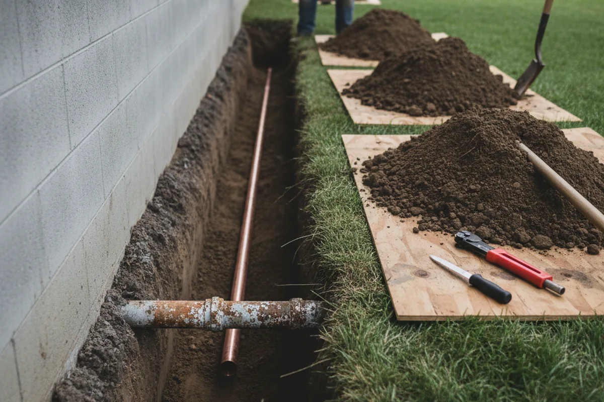 Excavated water line trench during Water Heater Repair in Samoa